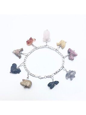 Carved Natural Gemstone Animal Charm Bracelet 925 Sterling Silver 7.5" Length